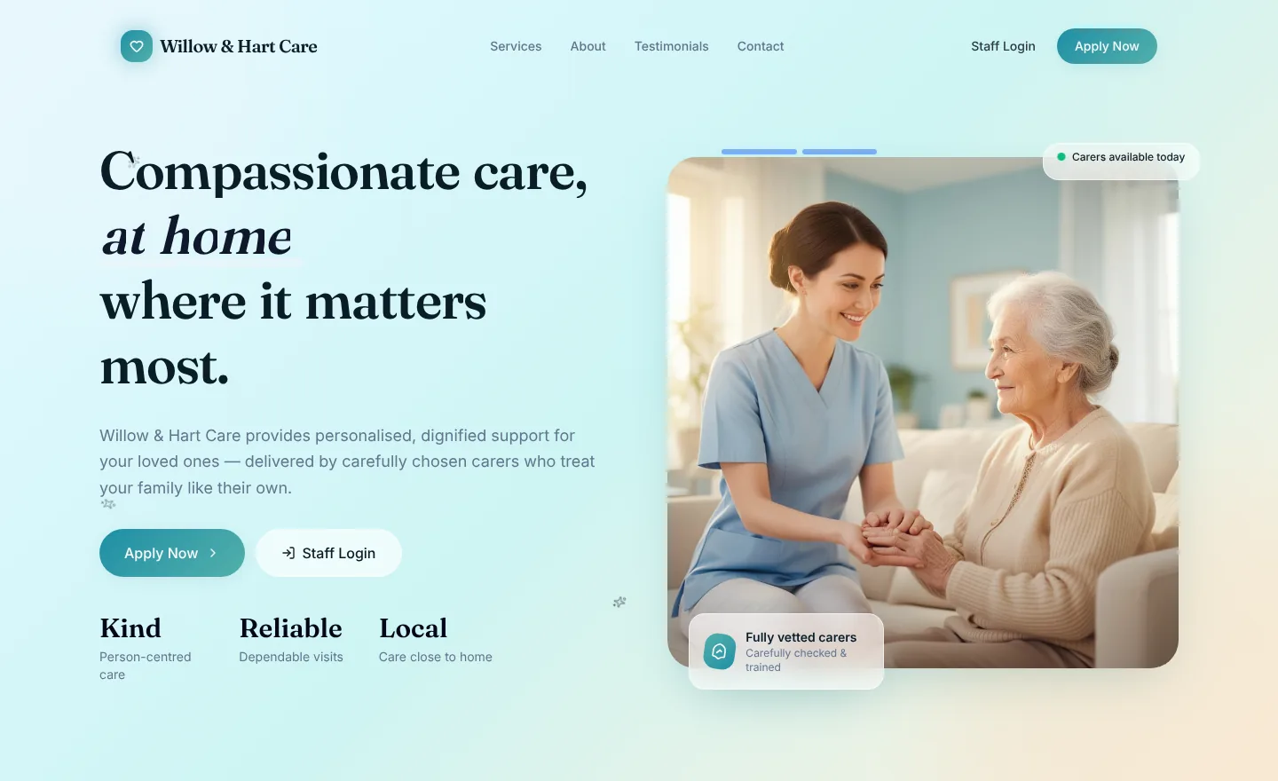 A branded careers site for a sample agency, with an Apply now button and the agency's own name and photos