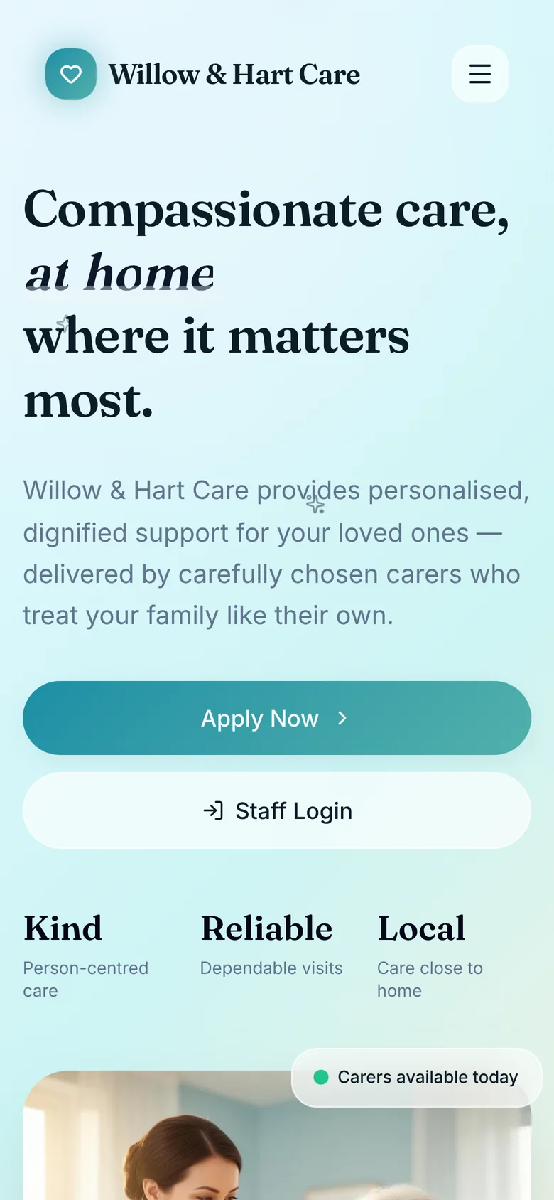 The same careers site on a phone, with full-width Apply now and Staff login buttons