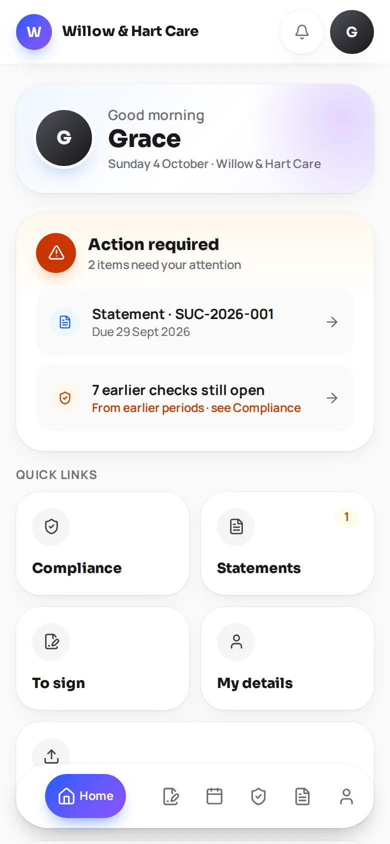 The CarerHR employee portal home screen, showing what needs the carer's attention