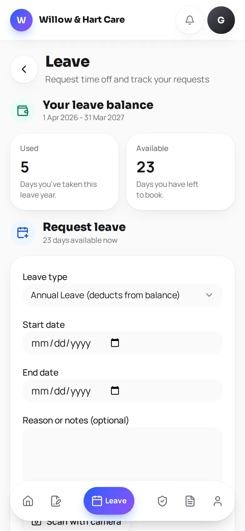 The employee portal leave screen with the carer's balance and a request form