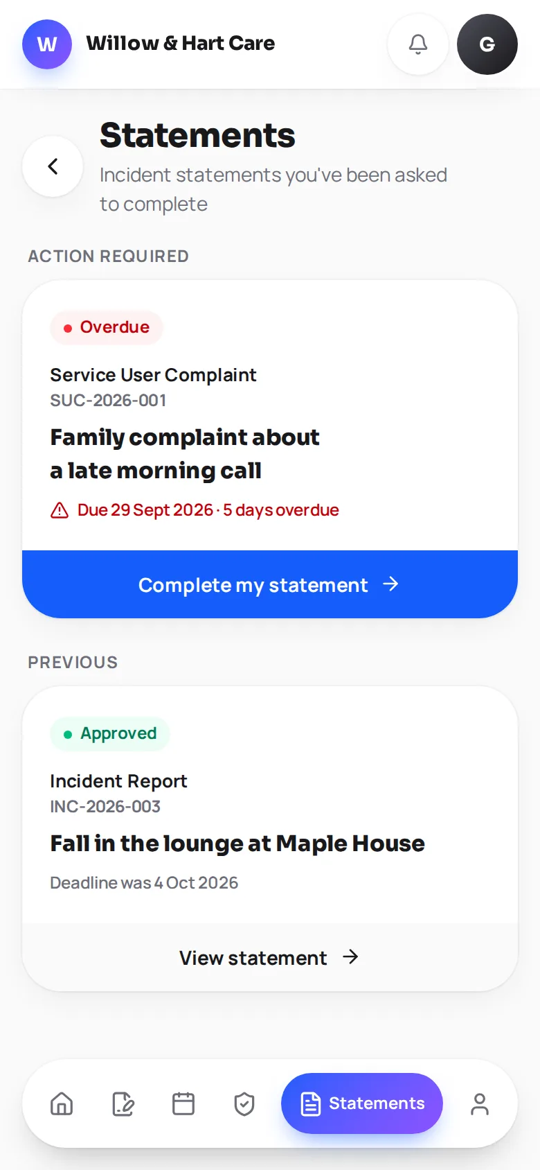 The employee portal statements screen, with a statement to complete